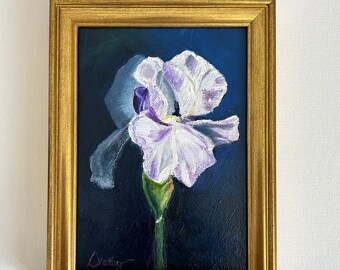 Framed White Iris Flower Oil Painting 5x7” Navy Background Vignette Artwork Kitchen Dining Decor Desk