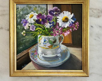 Framed Teacup Saucer Flowers Oil Painting Tea Cup Mug Floral Wall Art Kitchen Dining Gift Artwork Violets Pansies Daisies Decor Window Sill