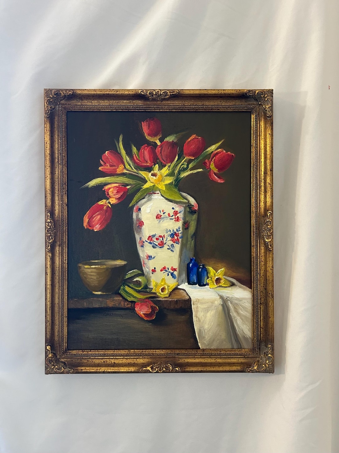 Original Oil Painting Tulips Still Life 11x14 Framed Floral Art Antique ...