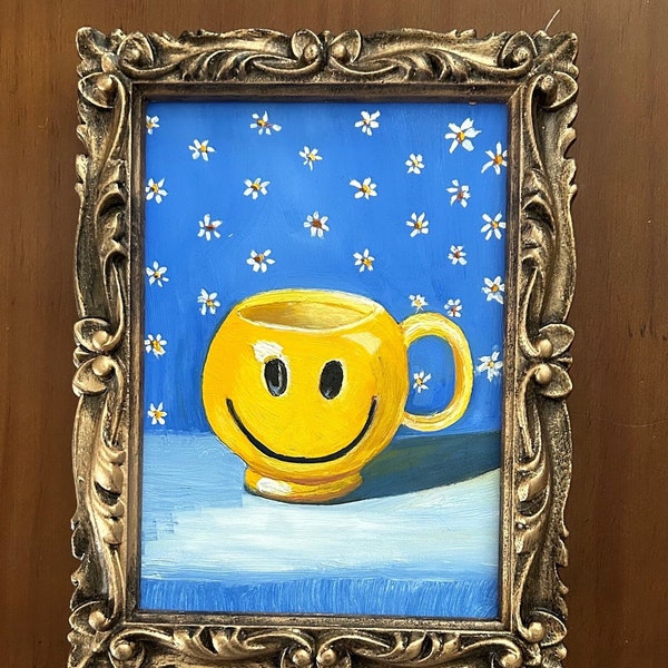 Original Still Life Coffee Mug Oil Painting McCoy Cup Vintage Smiley Face Vintage 1973 Frame Happy Nostalgia Memories Artwork Mother’s Day