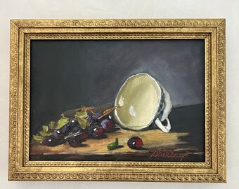 Gold Framed 5x7” Teacup Grapes Oil Painting Still Life Tea Cup Artwork Collector Fruit Picture Coffee Cup Art Shelf Colonial Chic Canvas