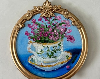 Art Gift for Person Who Has Everything Oil Painting Teacup Flowers Framed English Dainty Tea Cup Lover Collector Shelf Desk Kitchen Floral
