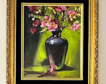 Vintage Framed Oil Painting Fine Art Navy Vase Canvas Flowers Formal Traditional Pink Cherry Blossom Floral Artwork Still Life Mother’s Day