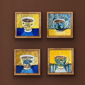 Grouping of Four Teacup Original Oil Paintings Van Gogh Inspired Impressionist Artwork Coffee Mug Collector Shelf Fine Art Latte Art