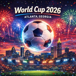 May include: A vibrant digital illustration promoting the World Cup 2026 in Atlanta, Georgia. A soccer ball floats above a stadium and city skyline, with fireworks bursting in the sky. The text "World Cup 2026" is prominently displayed.