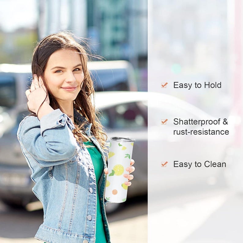 May include: A stainless steel tumbler with a lemon and leaf design. The tumbler is easy to hold, shatterproof, and rust-resistant. It is also easy to clean.