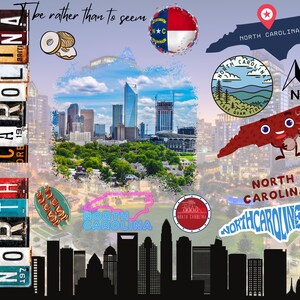 May include: A collage of images representing North Carolina. The collage includes a skyline of Charlotte, a state flag, a donut, a map of the state, and the text "be rather than to seem".