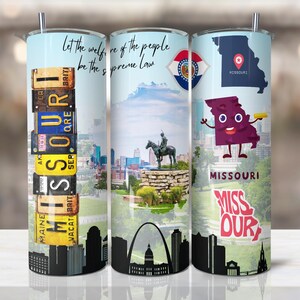May include: Three stainless steel tumblers with different designs featuring the state of Missouri. The first tumbler has a design of license plates spelling out "MISSOURI". The second tumbler has a design of the Gateway Arch and the state capitol building. The third tumbler has a cartoon character of the state of Missouri with the text "MISSOURI" and "MISS OUR".