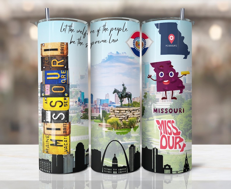 May include: Three stainless steel tumblers with different designs featuring the state of Missouri. The first tumbler has a design of license plates spelling out "MISSOURI". The second tumbler has a design of the Gateway Arch and the state capitol building. The third tumbler has a cartoon character of the state of Missouri with the text "MISSOURI" and "MISS OUR".