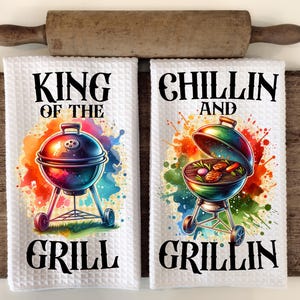 King Of The Grill, Chillin And Grillin Sublimation 16&quot; x 24&quot; Microfiber Waffle Weave Kitchen Towel Set of Two