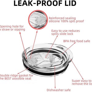 May include: A close-up of a leak-proof lid for a tumbler or cup. The lid features a double ridge gasket for a secure seal, a silicone ring for spill-proof protection, and an opening for a straw or sipping. The lid is dishwasher safe and BPA free.