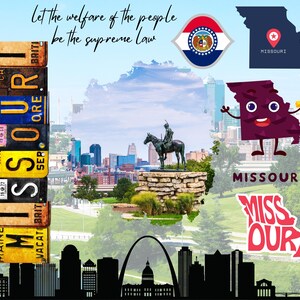May include: A colorful collage celebrating the state of Missouri. The image features a cityscape, a statue of a Native American on horseback, a cartoon-style state outline, and a vintage license plate spelling out "MISSOURI". The text "Let the welfare of the people be the supreme law" is also included.