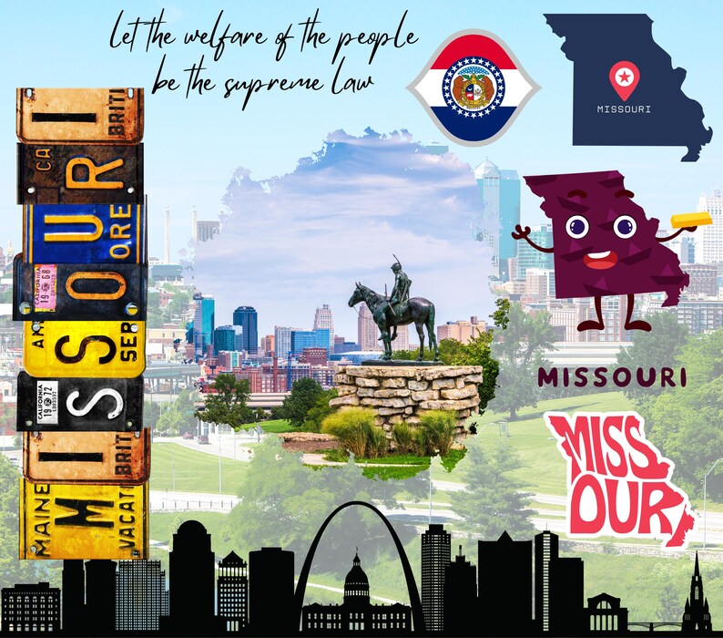 May include: A colorful collage celebrating the state of Missouri. The image features a cityscape, a statue of a Native American on horseback, a cartoon-style state outline, and a vintage license plate spelling out "MISSOURI". The text "Let the welfare of the people be the supreme law" is also included.