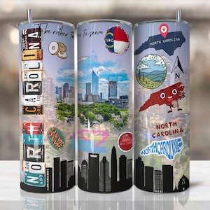 May include: Three stainless steel tumblers with different designs featuring North Carolina imagery. The first tumbler has a collage of North Carolina license plates, the second has a cityscape with the text "be rather thin to seem", and the third has a map of North Carolina with a cartoon character.