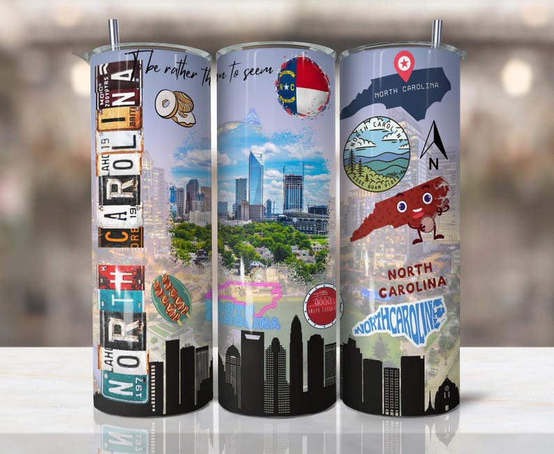 May include: Three stainless steel tumblers with different designs featuring North Carolina imagery. The first tumbler has a collage of North Carolina license plates, the second has a cityscape with the text "be rather thin to seem", and the third has a map of North Carolina with a cartoon character.