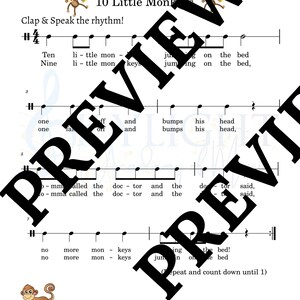 May include: A sheet music page titled 10 Little Monkeys featuring the lyrics and rhythm notation for the song. The document includes musical staff lines, notes, and illustrations of brown monkeys. The text Skylight Academy Of Music appears at the bottom.