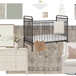 Puede incluir: Una habitación de bebé con una cómoda blanca, una cuna negra, un sillón blanco con un cojín rosa, una lámpara blanca con una base dorada y una alfombra con un patrón floral.