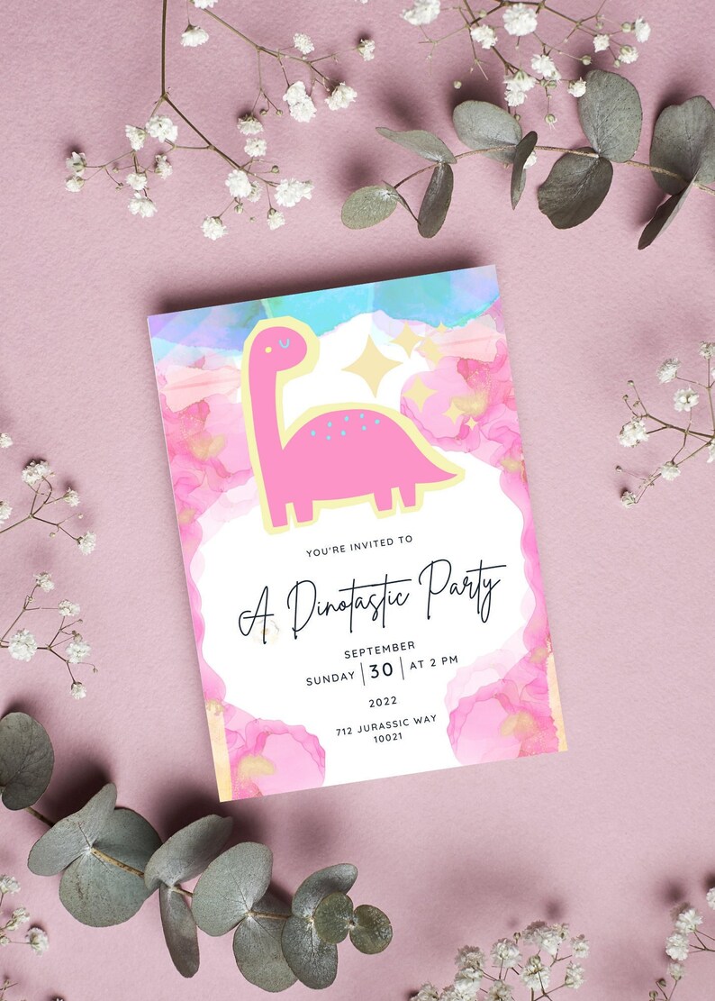 Dinosaur Birthday Invitation Girl Digital Download Etsy