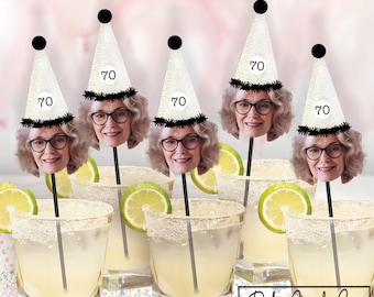 Fun Birthday Custom Face Photo Cocktail Drink Stirrer, Adult Mom Dad Wife 70th 30 21st 35 40 50 60 Party Decoration Favor Swizzle Stir Stick