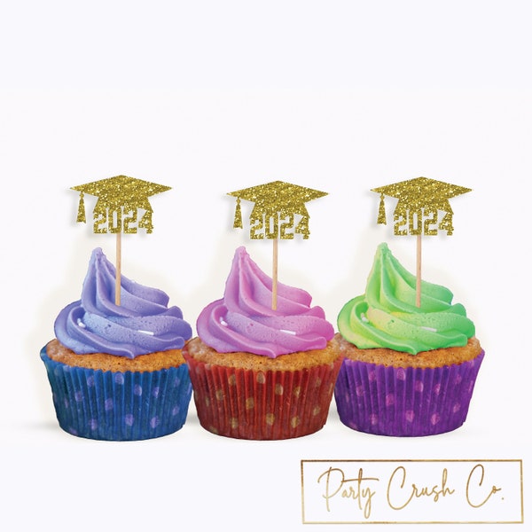 Graduation Cap 2024 Party Decoration Idea Favor Cupcake Topper, Class of 2024 Gold Glitter Son Daughter High School College Kindergarten Hat