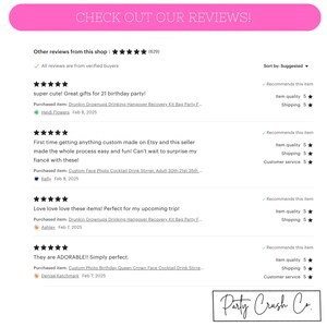Może przedstawiać: Zrzut ekranu z recenzji Etsy z pięciogwiazdkowymi ocenami dla spersonalizowanych drink&oacute;w koktajlowych z fotografią i zestaw&oacute;w upomink&oacute;w na przyjęcie. Recenzje podkreślają jakość produkt&oacute;w i obsługę klienta sprzedającego. Nazwa sklepu to "Party Crush Co."