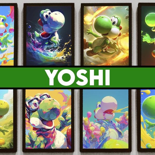 Printable Decorative Wall Art, Yoshi PNG, Set of 8 Art Poster, Mario Game Poster, Boys Room Wall Decor, Gaming Room, Digital Download, HD