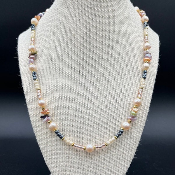 Keshi pearl beaded necklace, handmade pearl necklace, multicolor pearl beads, freshwater pearls, gift for her, ocean jewels, bead necklace