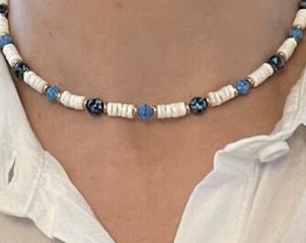 Beaded shell surfer choker, Boho style chokers, handmade beaded shell jewels, shell necklace for her, summer beach jewelry, gift for her