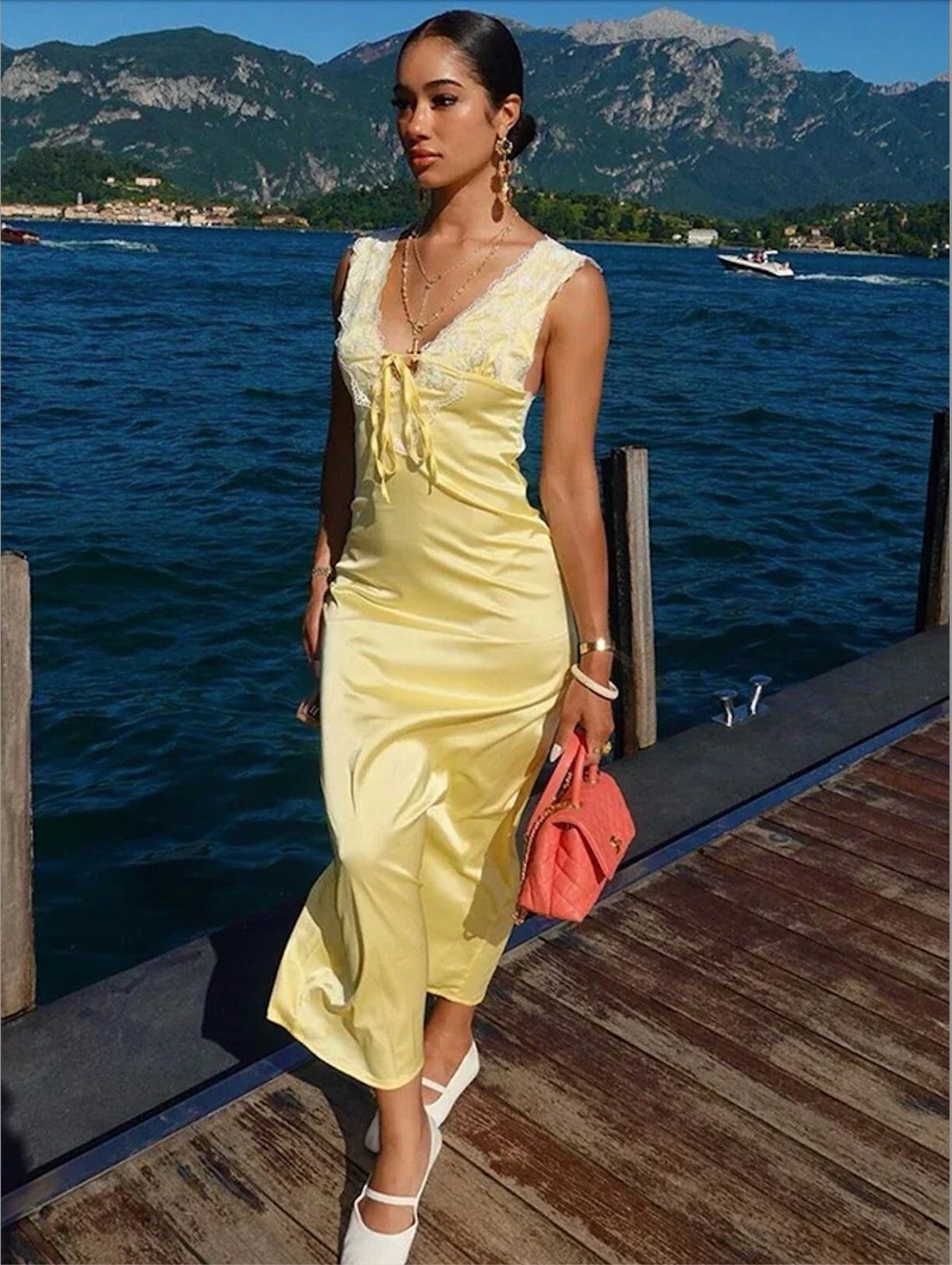 Women's Light Yellow Bowknot V-Neck Dress main image 0