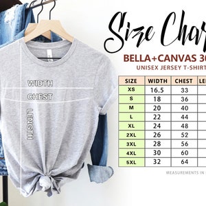 May include: Size chart for Bella + Canvas 3001 unisex jersey t-shirt. The chart shows measurements in inches for width, chest, and length for sizes XS to 5XL.