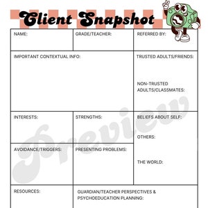 Könnte beinhalten: Ein druckbares Client-Snapshot-Formular mit Abschnitten für Name, Klasse/Lehrer, Überweisung durch, wichtige Kontextinformationen, vertraute Erwachsene/Freunde, nicht vertraute Erwachsene/Klassenkameraden, Interessen, Stärken, Überzeugungen über sich selbst, andere, Vermeidung/Auslöser, auftretende Probleme, Ressourcen, die Welt und Perspektiven von Erziehungsberechtigten/Lehrern und Psychoedukationsplanung.