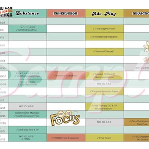 May include: A teal and peach colored calendar with a sun and the words "You Can Do Hard Things" at the top. The calendar is divided into four columns: Substance, Supervision, Adv. Play, and Advocacy. Each column lists dates and corresponding activities. The calendar is decorated with a sun, stars, and flowers.