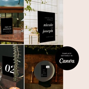 Combo Wedding Sign Template Bold White Black Canva Welcome Sign Modern Menu Placecard Seating Stationery Template Print Simple - Ezra