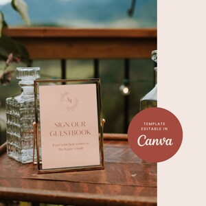 Boda Evento Libro de visitas Tarjetas y regalos Letrero Plantilla Canva Monograma floral rosa Mesas de San Valentín Papelería Impresión atemporal Clásico - Amore