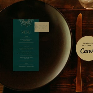Wedding Event Menu and Placecards Sign Canva Template Green Black Gold Art Deco Gatsby Food Stationery Print Classic Minimal - Forte