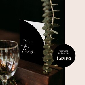 Può includere: Carta di numero di tavolo in bianco e nero con il testo "TABLE two" in un carattere di calligrafia moderno. La carta è appoggiata su una superficie di legno con vegetazione sullo sfondo. Il testo "TEMPLATE EDITABLE IN Canva" è in un cerchio sul lato destro dell'immagine.