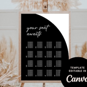Puede incluir: Plantilla de plano de asientos de boda en blanco y negro con un diseño de medio círculo. El texto "your seat awaits" está escrito en blanco sobre un fondo negro. La plantilla es editable en Canva.