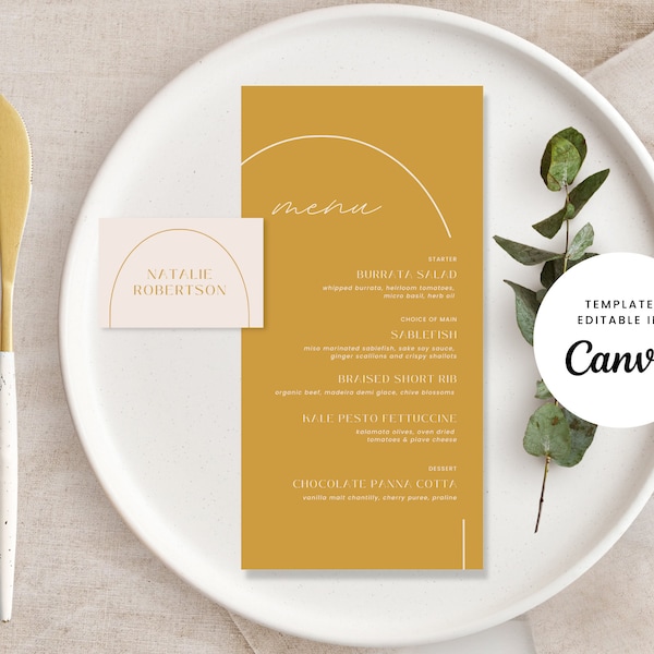 Colorful Bold Arch Wedding Event Menu and Placecards Sign Canva Template Bright Names Food Card Modern Stationery Print Yellow Orange - Nova