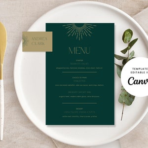 Green DIY Bride Wedding Event Menu and Placecards Sign Canva Template Black Gold Art Deco Gatsby Food Stationery Minimal - Forte
