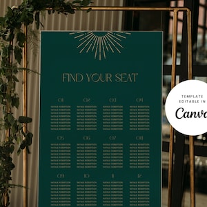 ウェディング 座席表 サイン Canva テンプレート グリーン ゴールド アールデコ ギャツビー モダン 座席検索 ウェルカム ステーショナリー プリント 大胆 ミニマル - Forte
