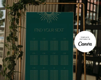Wedding Seating Chart Sign Canva Template Green Gold Art Deco Gatsby Modern Find Your Seat Welcome Stationery Print Bold Minimal - Forte