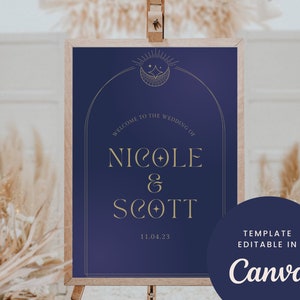Navy Gradient Gold Zodiac Welcome Wedding Sign Canva Template Moon Stars Astronomy Arch Modern Welcome Stationery Template Print - Celestial