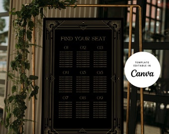 Wedding Seating Chart Sign Canva Template Black Gold Art Deco Gatsby Modern Find Your Seat Welcome Stationery Print Bold Minimal - Deco