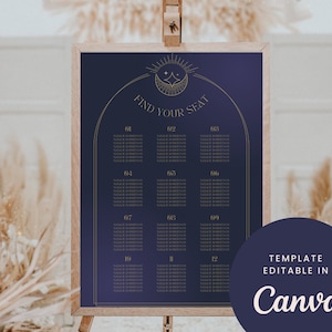 May include: A navy blue wedding seating chart with a gold arch design and celestial symbols. The text "FIND YOUR SEAT" is at the top of the chart. The chart is framed in a wooden frame and is displayed on an easel. The text "TEMPLATE EDITABLE IN Canva" is at the bottom of the chart.