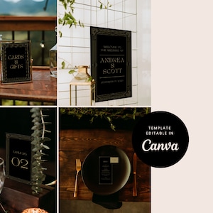 コンボ ウェディング サイン テンプレート ボールド ブラック ゴールド アールデコ グレート ギャツビー Canva ウェルカム サイン メニュー プレースカード 座席表 文房具 テンプレート プリント - デコ