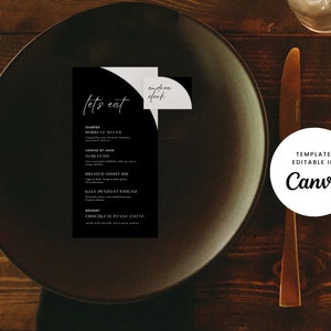 Può includere: Modello di menu stampabile in bianco e nero con il testo "let's eat" e "nyben dark" su sfondo nero. Il modello è modificabile in Canva.