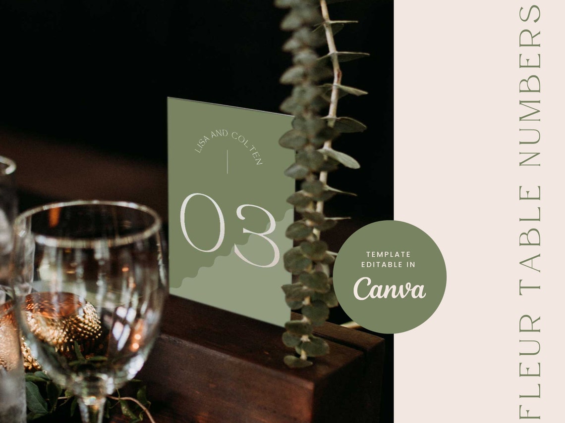 Wedding Event Table Numbers Sign Template Canva Green White Seating ...