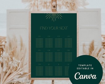 Green Gold Art Deco Wedding Seating Chart Sign Canva Template Gatsby Modern Find Your Seat Welcome Stationery Print Bold Minimal - Forte