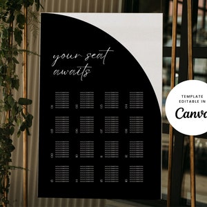 Wedding Seating Chart Sign Canva Template Black and White Sign Script Arch Modern Find Your Seat Welcome Stationery Print Bold - Cleo