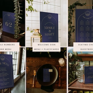 May include: A set of wedding signage with a celestial theme. The signs are printed on dark blue cardstock with gold lettering and illustrations. The signs include a welcome sign with the couple's names, a seating chart, a table number, and a bar menu.